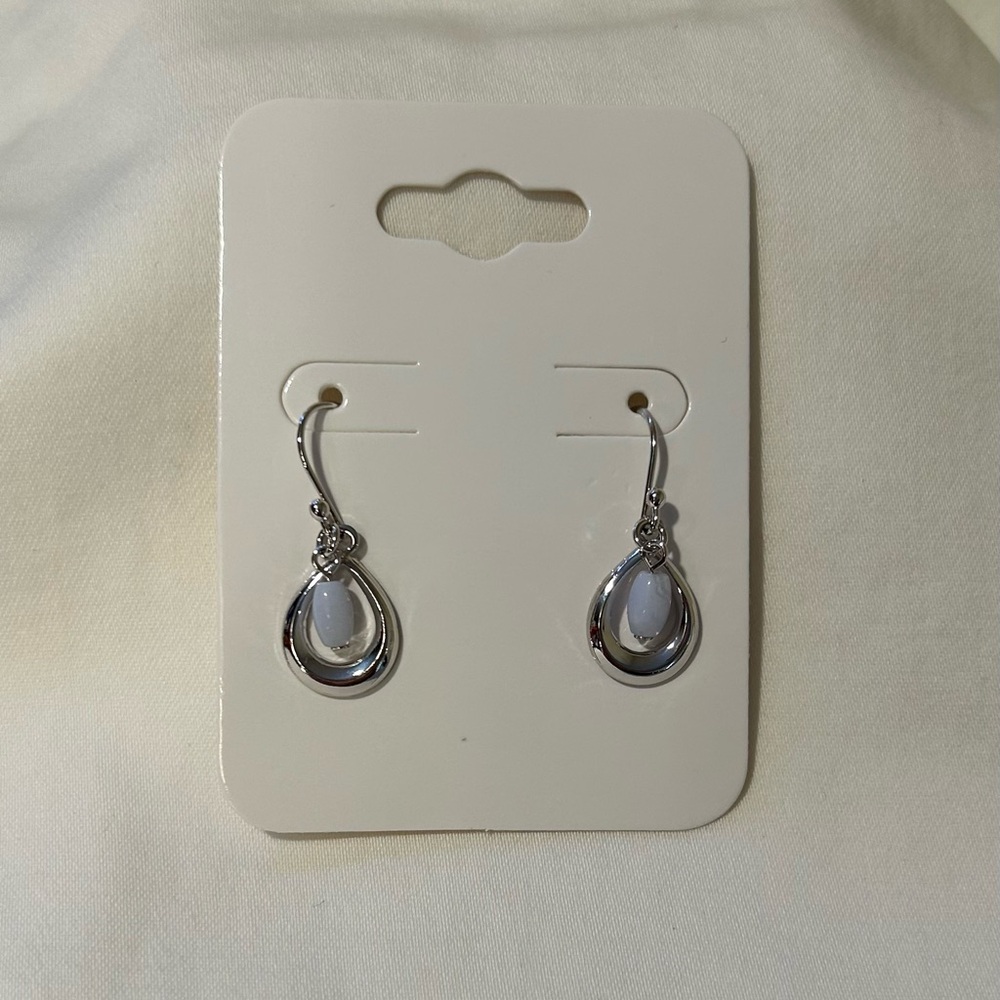 Silver Teardrop White Stone Dangle Earrings - Picture 2 of 3